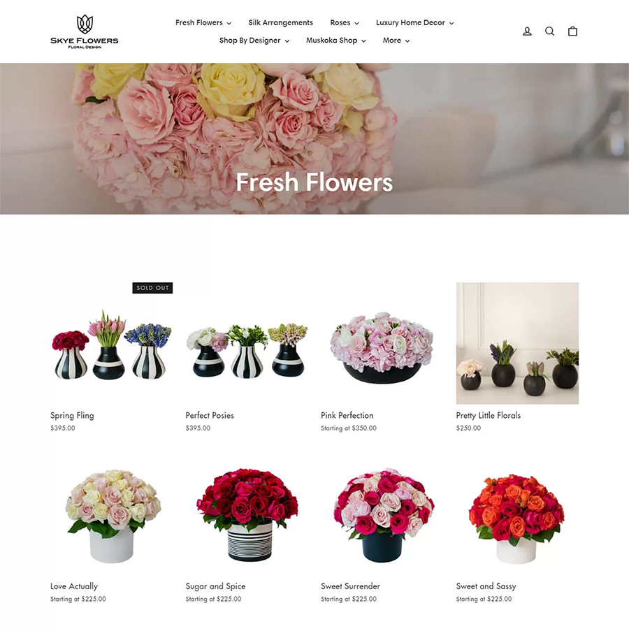 A screenshot of a ecommerce website skye flowers